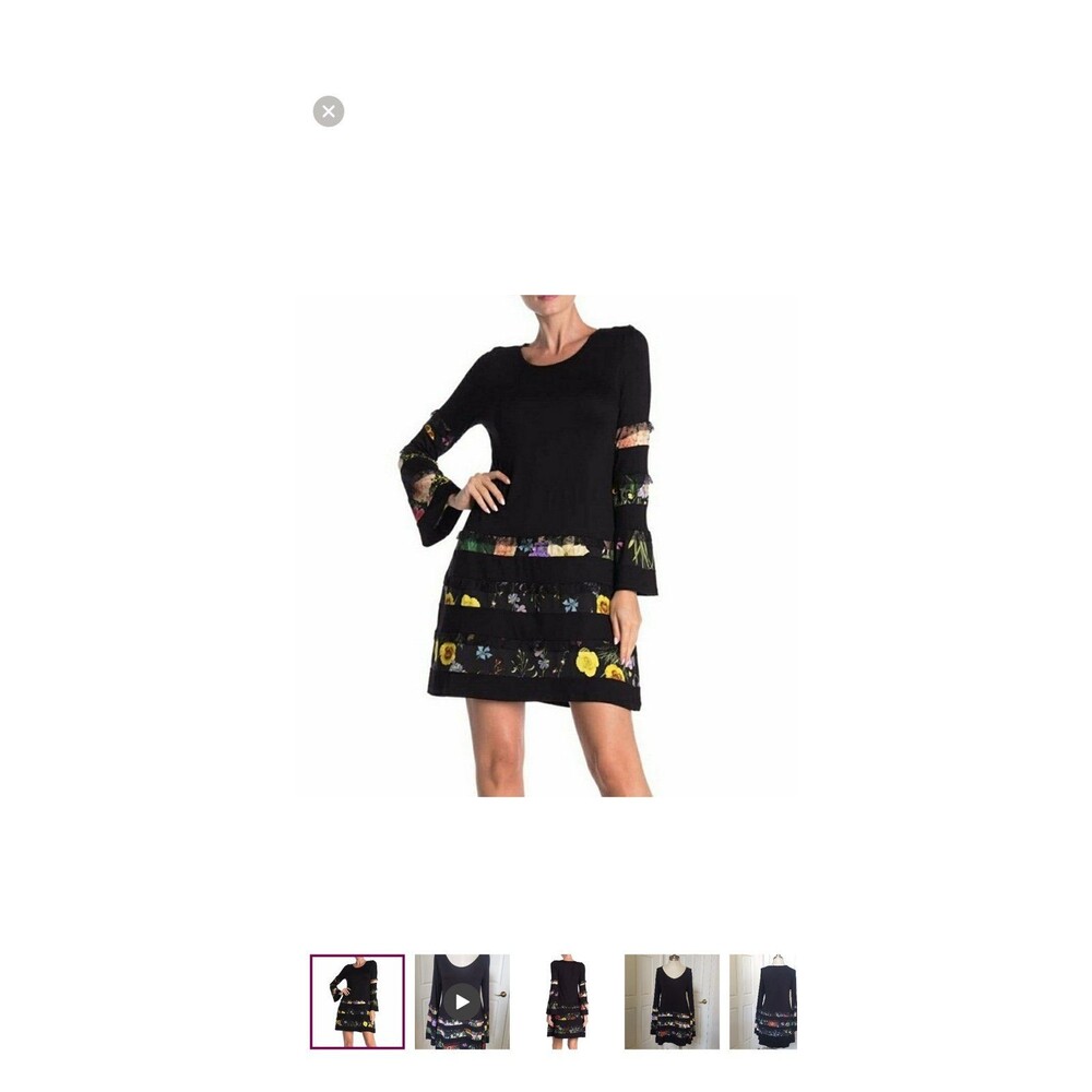 Desigual Paloma Black Jersey Dress With Floral Fabric Stripes size Small